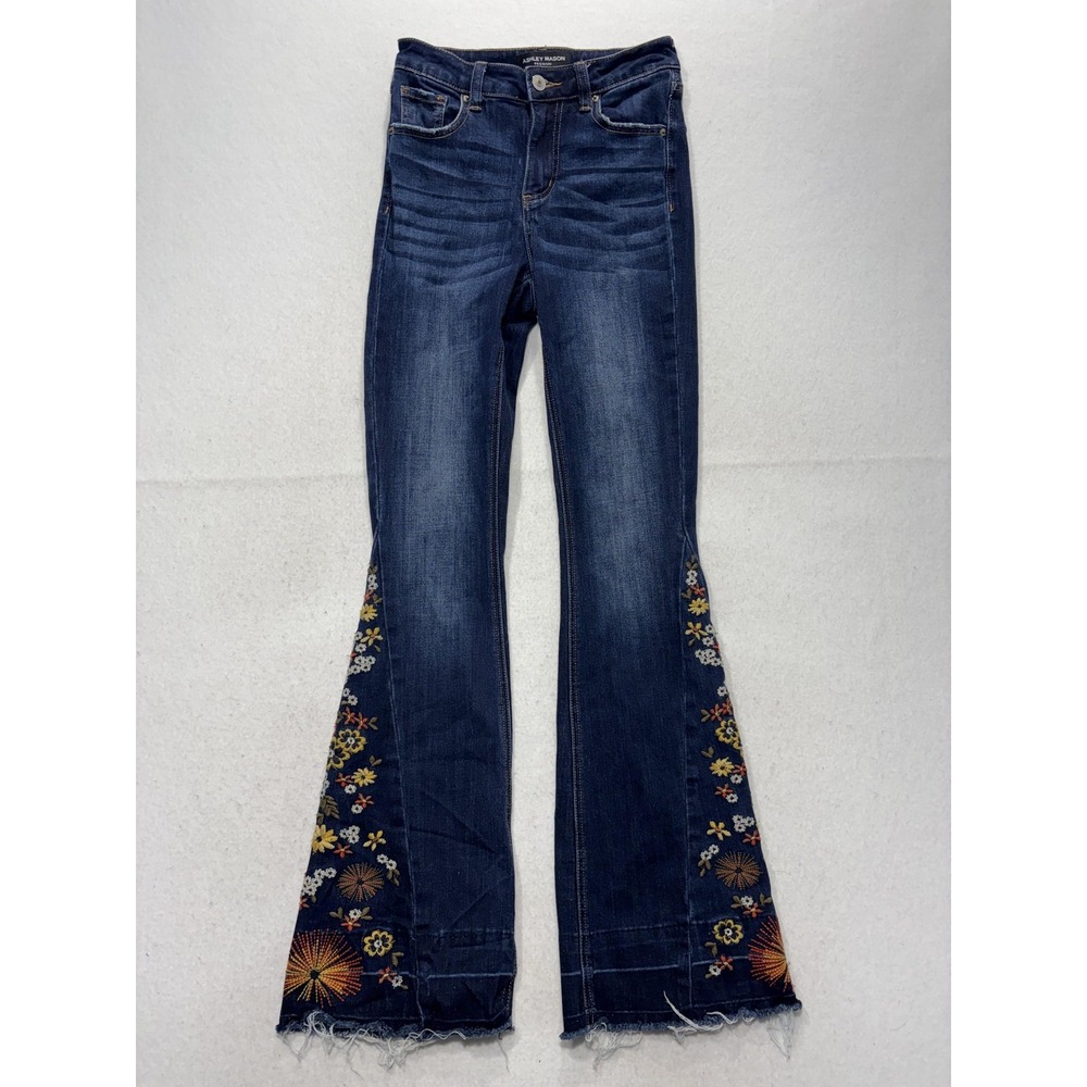 Ashley Mason Flare Jeans Juniors 0/24 Blue Mid Rise Embroidered Fringe 24x32